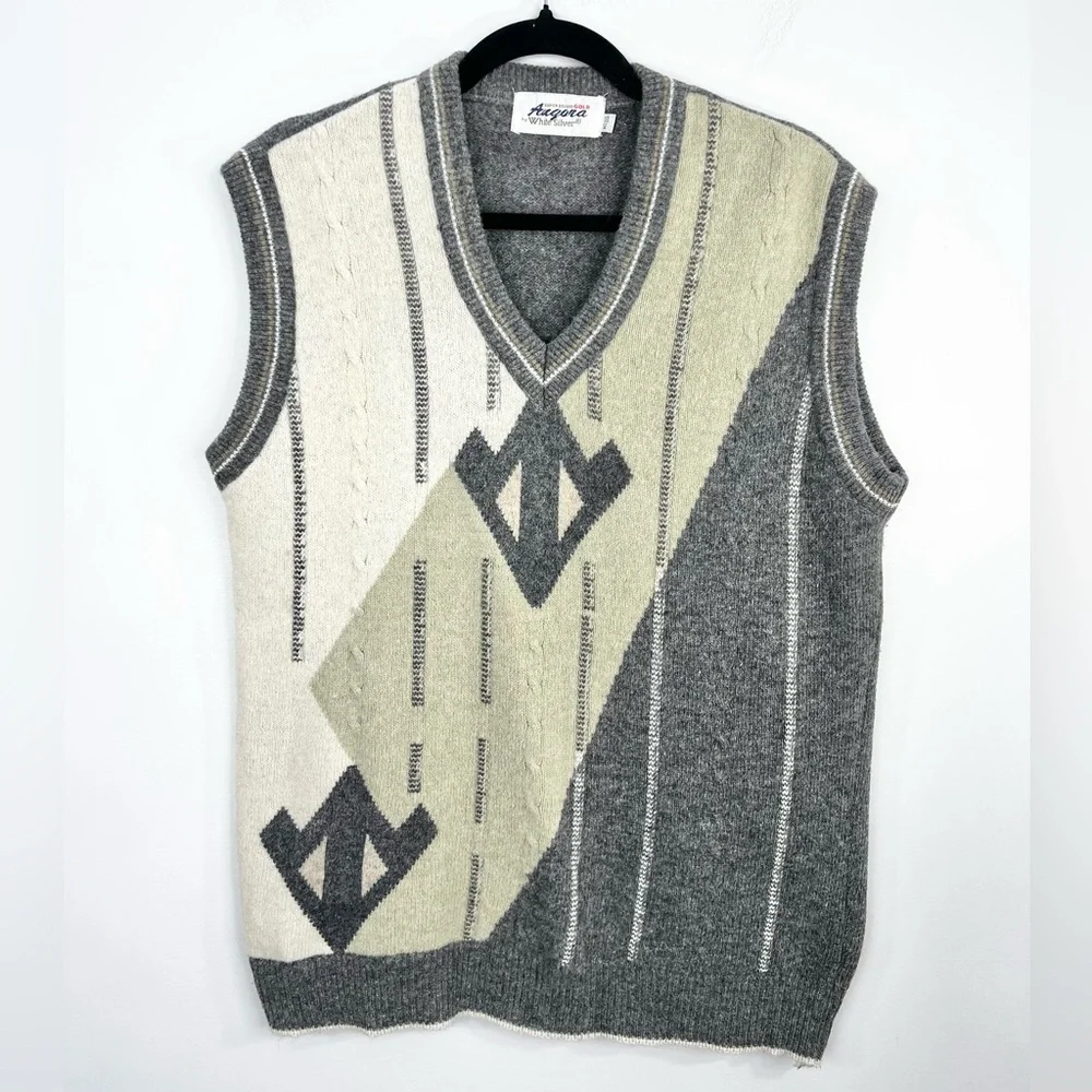 Vintage 80s oversized boxy wooly abstract argyle v neck pull over grandpa vest - Picture 4 of 12